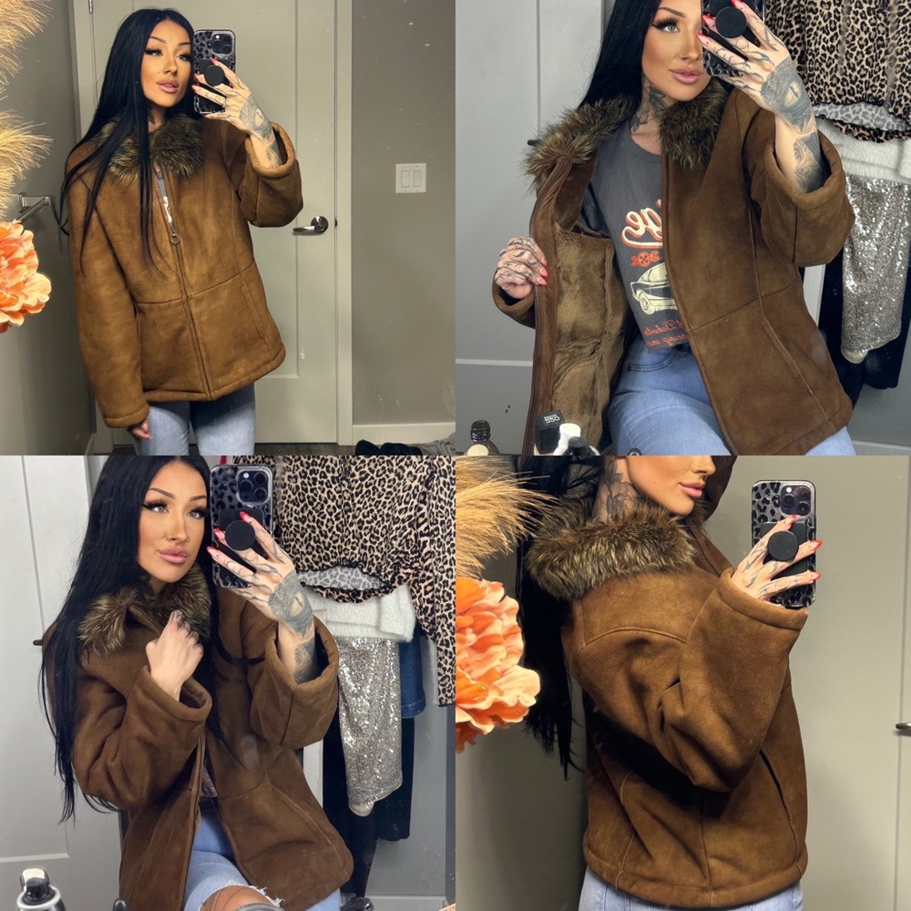 Vintage brown suede fur jacket white stag